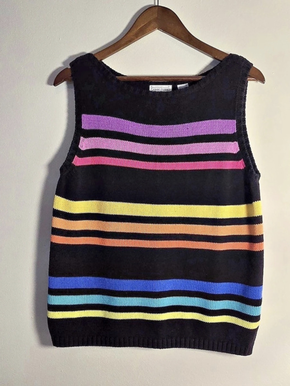 VTG Jeanne Pierre Striped Cotton Sweater Vest in Black Size Large